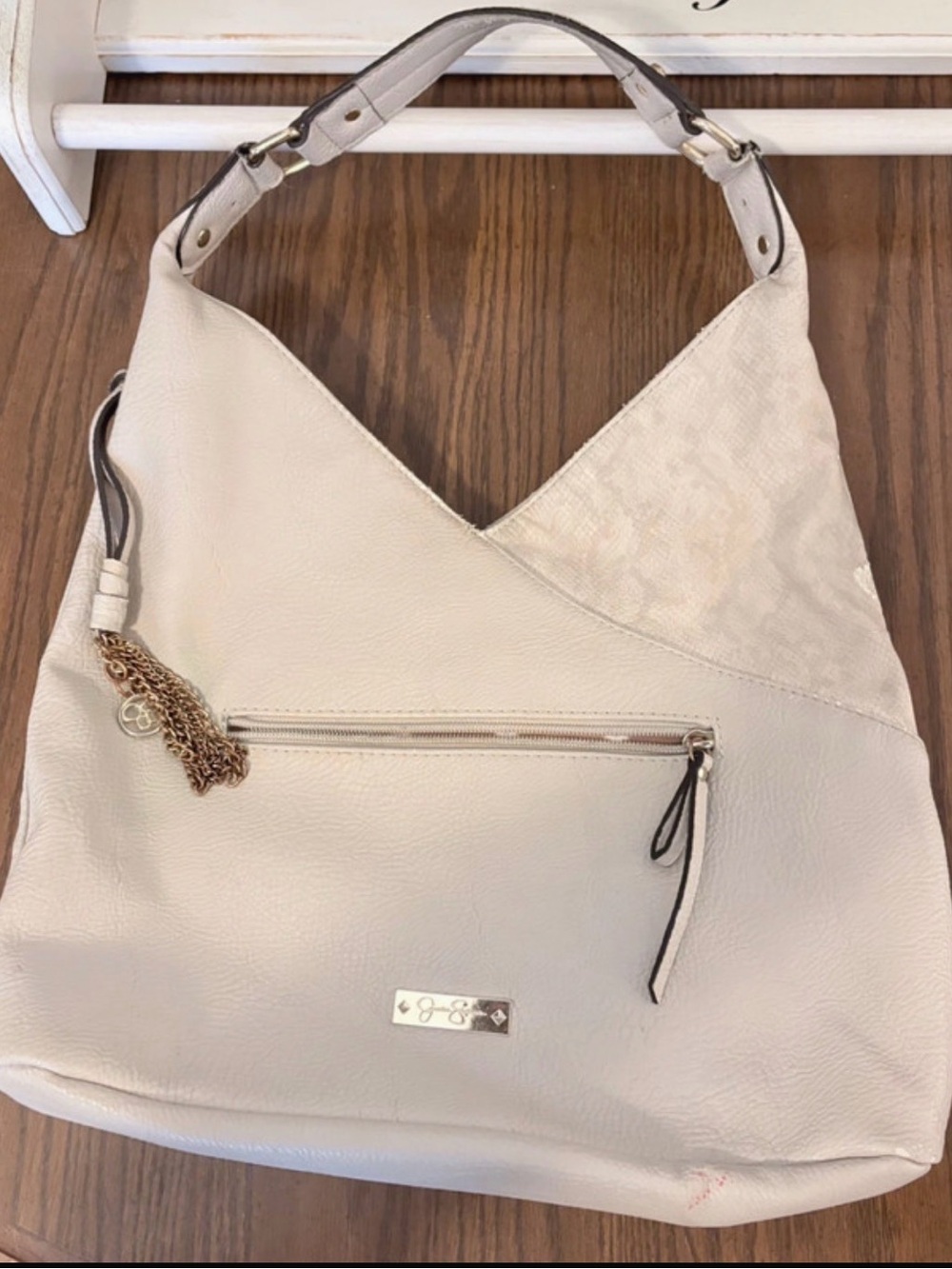 Jessica Simpson Cream Hobo Shoulder Bag with Gold Chain Tassel